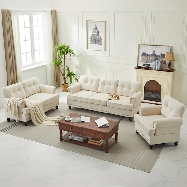 Beige Chenille Living Room Set Nailhead Trim Button Tufting Classic