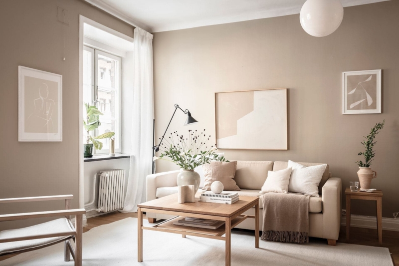 Beige Sofa Two Tier Table Swing Arm Lamp Scandinavian Interior