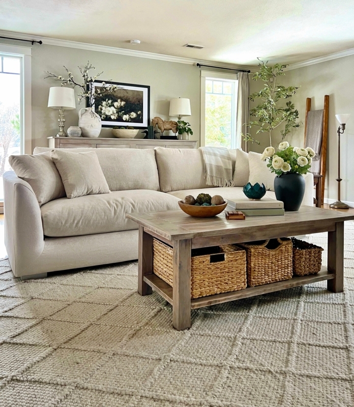 Beige Sofa Woven Basket Storage Farmhouse Living Room Decor