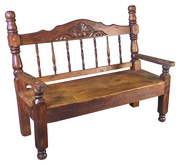 Bench Carved Spindle Backrest Shell Motif Mexican Colonial Style