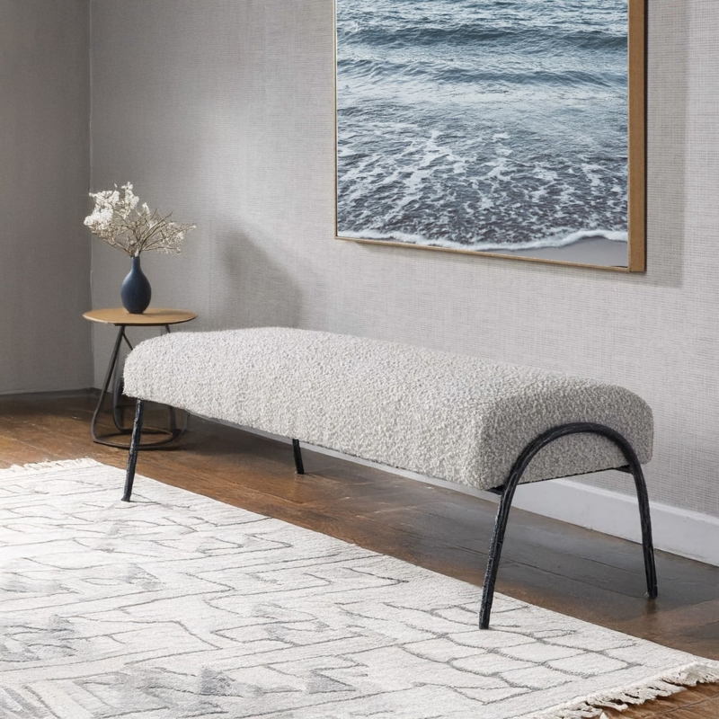 Bench in Gray Bouclé Texture with Arched Hammered Metal Legs