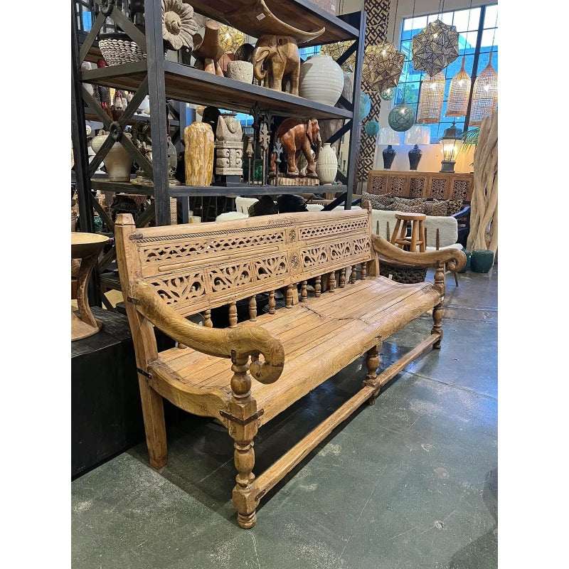 Bench Natural Wood Cutout Hand Carved Back Scrolled Arms Daybed