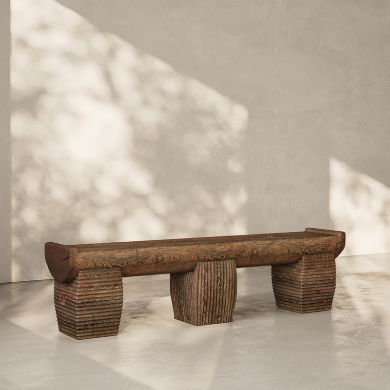 Bench Organic Brutalist Hand Carved Ribbed Pedestals Log Style Top