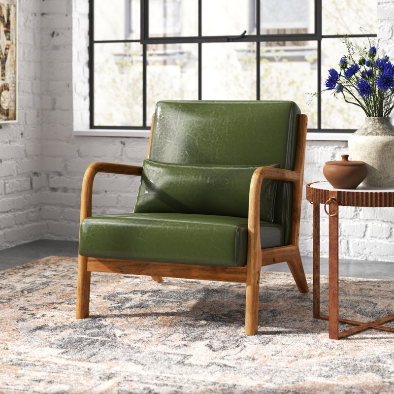 Bentwood Accent Chair: Olive Green Distressed Upholstery, Lumbar Pillow