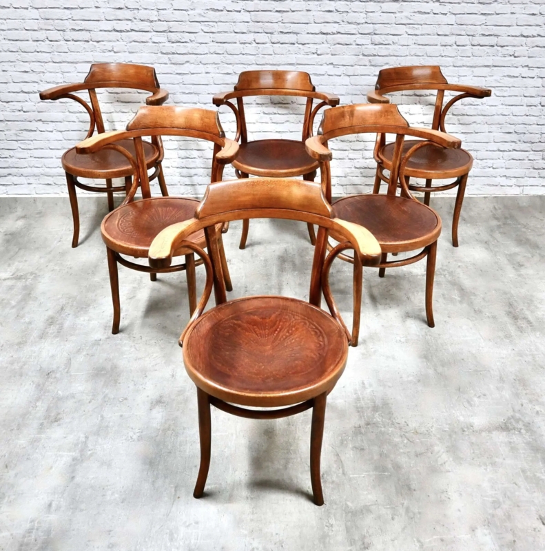 Bentwood Armchair Set: Embossed Circular Seats, Antique Honey Finish