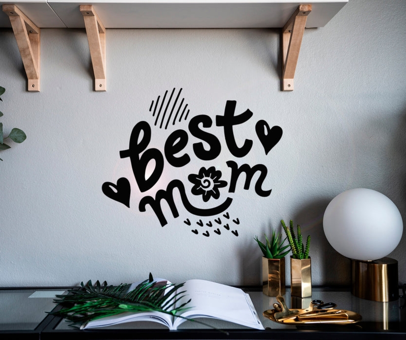 Best Mom Wall Decal with Stylized Floral Motif, Matte Black