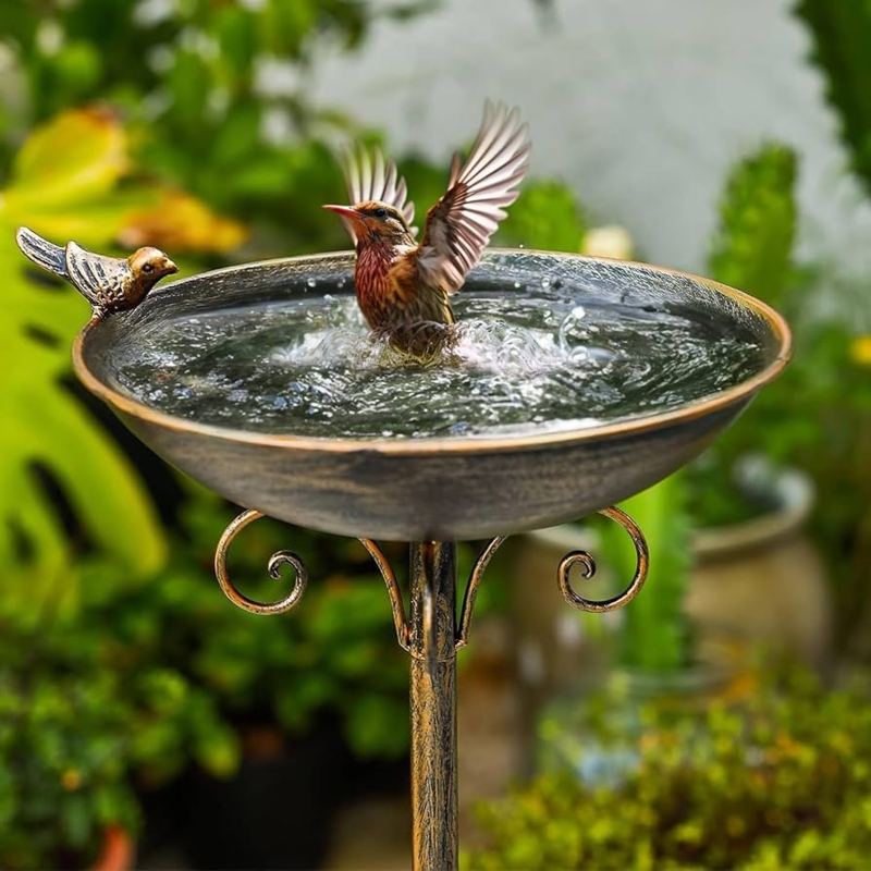 Bird Bath Cast Iron Antique Bronze with Bird Figurine Detail
