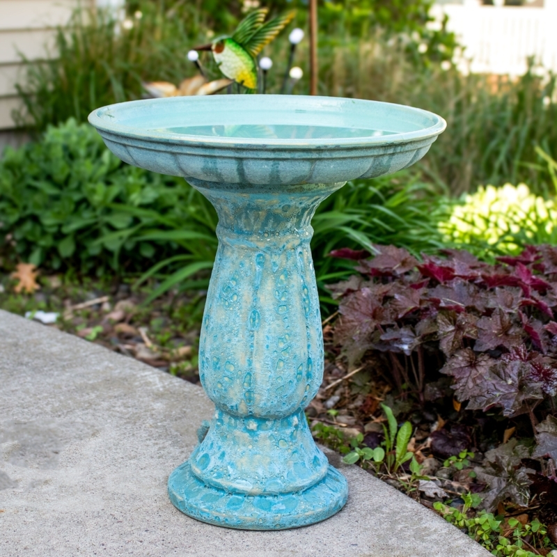 Bird Bath Ceramic Teal Blue with Textured Lava Glaze Finish