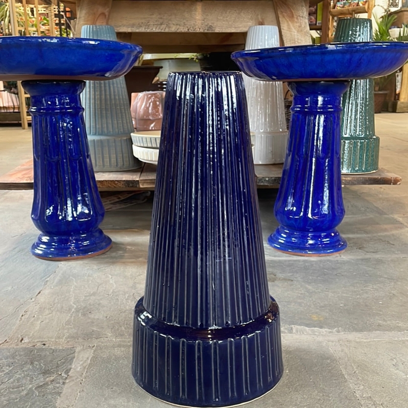 Bird Bath Cobalt Blue Ceramic Stoneware with Vertical Fluting