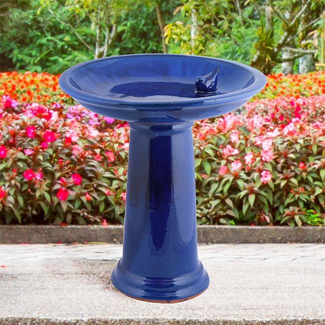 Bird Bath Glossy Cobalt Blue Ceramic with Sculpted Bird Accent