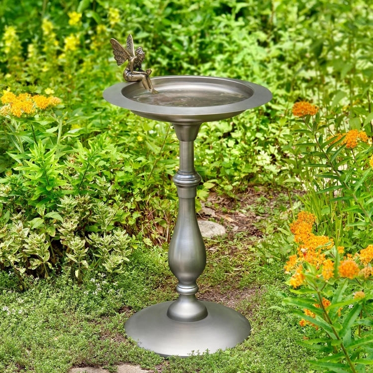 Bird Bath Pewter Finish with Whimsical Fairy Figurine on Rim