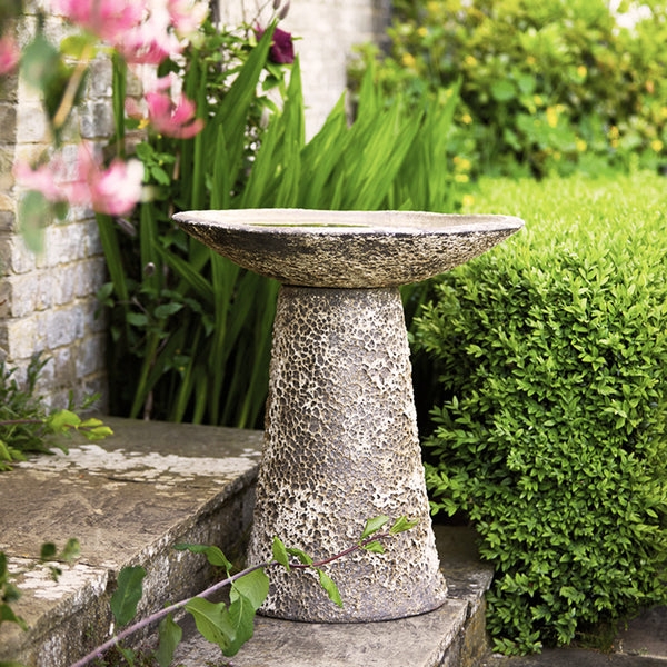 Bird Bath Rustic Pitted Stone Texture on Tapered Pedestal