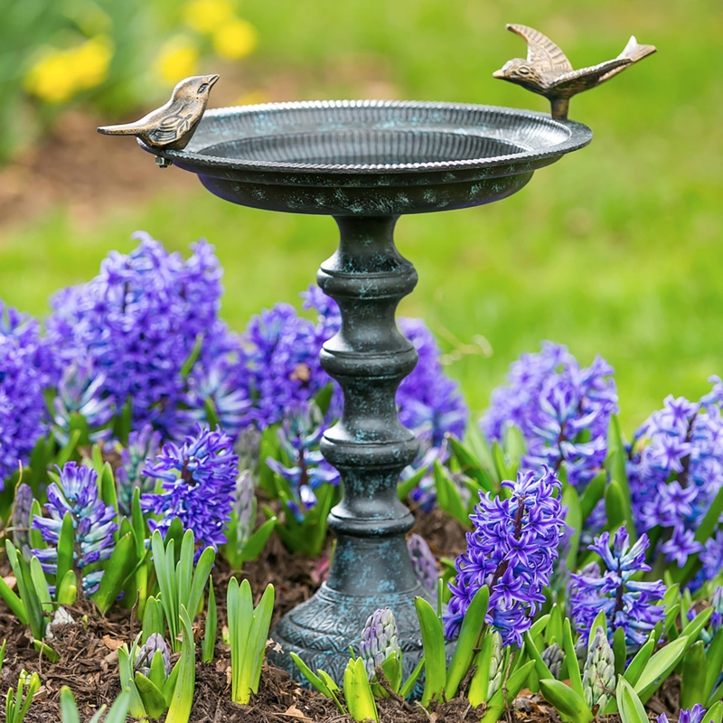 Bird Bath Sculpted Songbirds on Tiered Verdigris Metal Pedestal