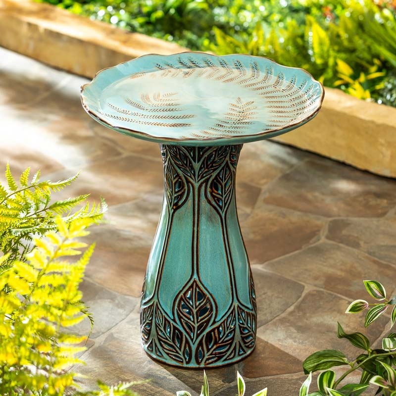 Bird Bath Turquoise Ceramic with Embossed Fern Motif Pattern