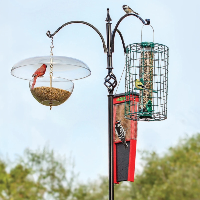 Bird Feeder Pole, Triple Arm Design, Decorative Twist, Pointed Finial