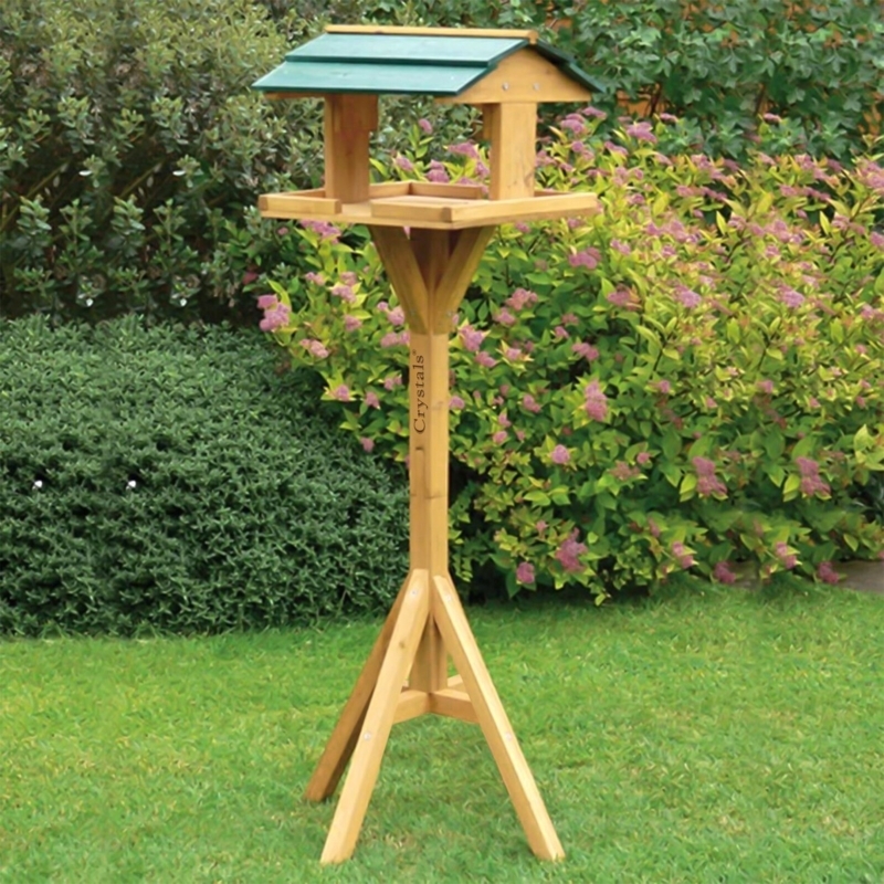 Bird Feeder Table, Tripod Base, Gabled Green Roof, Natural Wood