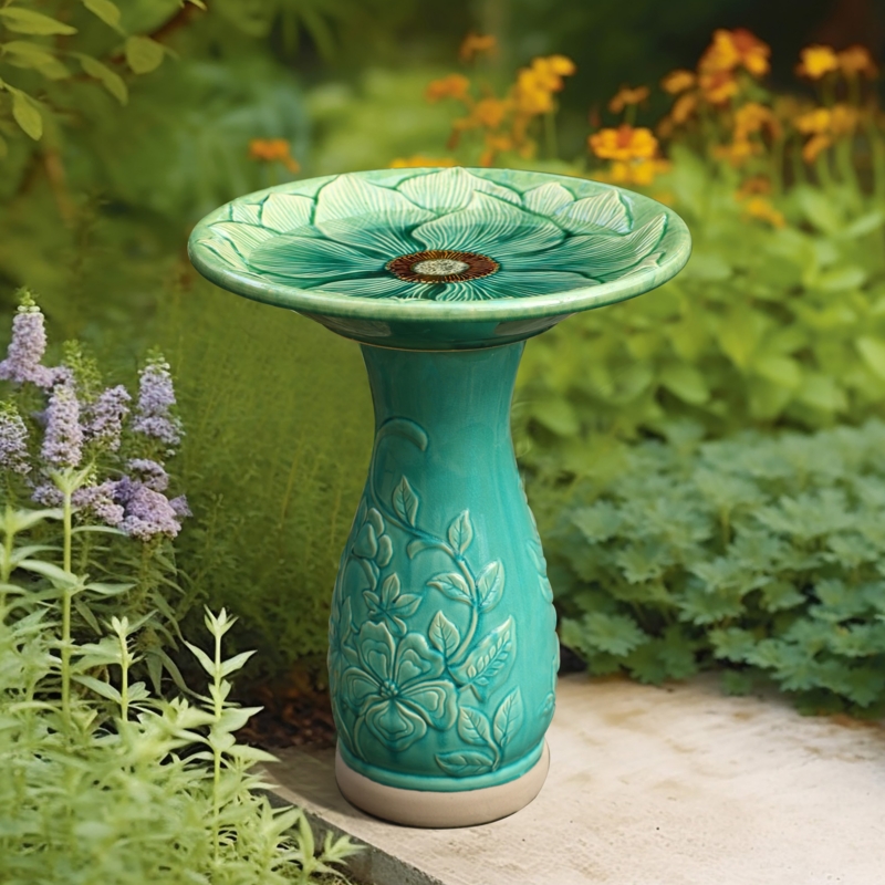 Birdbath Aqua Glazed Flower Basin on Embossed Floral Pedestal