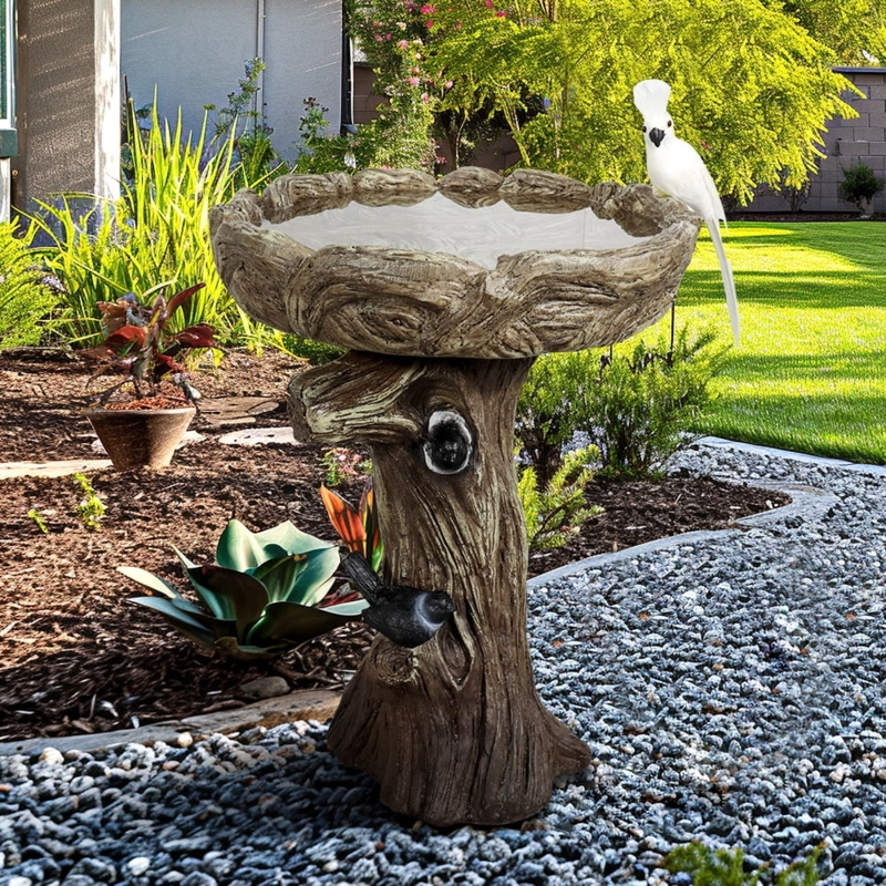 Birdbath Faux Bark Tree Stump Pedestal with Decorative Birds