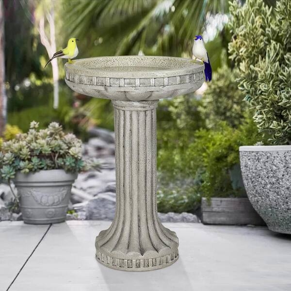 Birdbath Modern Fluted Concrete with Geometric Rim Detail