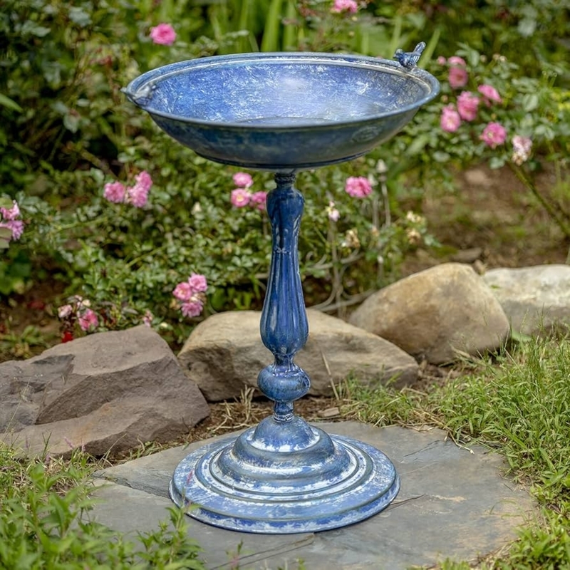 Birdbath Ornate Distressed Blue Metal with Decorative Bird Accents