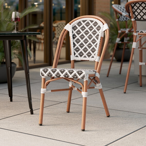 Bistro Chair Black White Birdseye Weave Synthetic Rattan Honey Tone