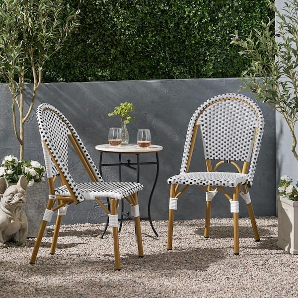 Bistro Chair Checkered Faux Rattan Bamboo Print Aluminum Tapered Legs