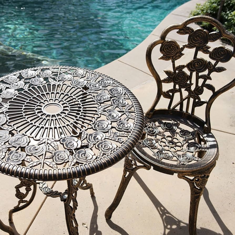 Bistro Set Antique Bronze Rose Motif Floral Openwork Cast Metal