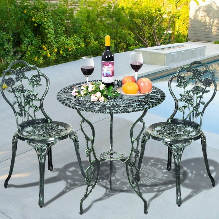 Bistro Set Antique Green Rose Filigree Verdigris Metal Vintage