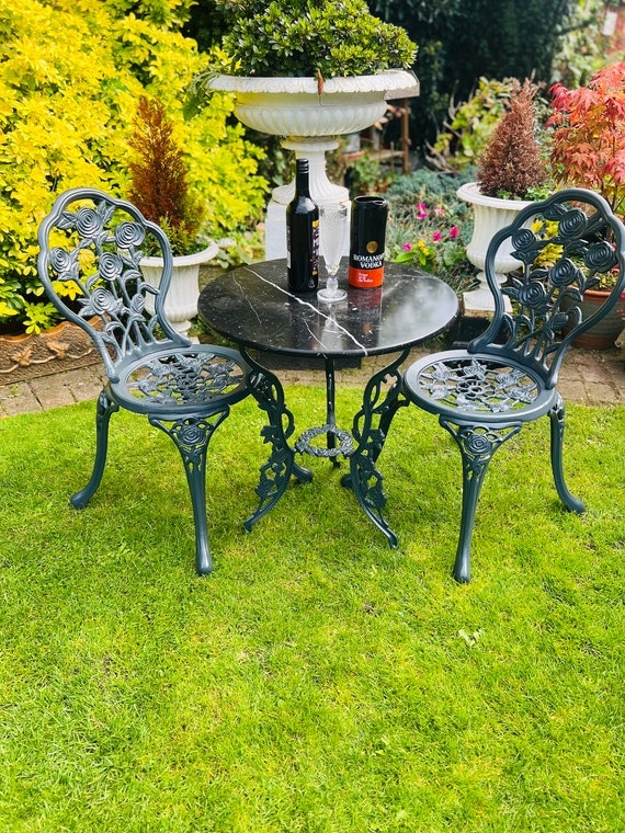 Bistro Set Black Marble Top Rose Floral Motif Cast Metal Victorian