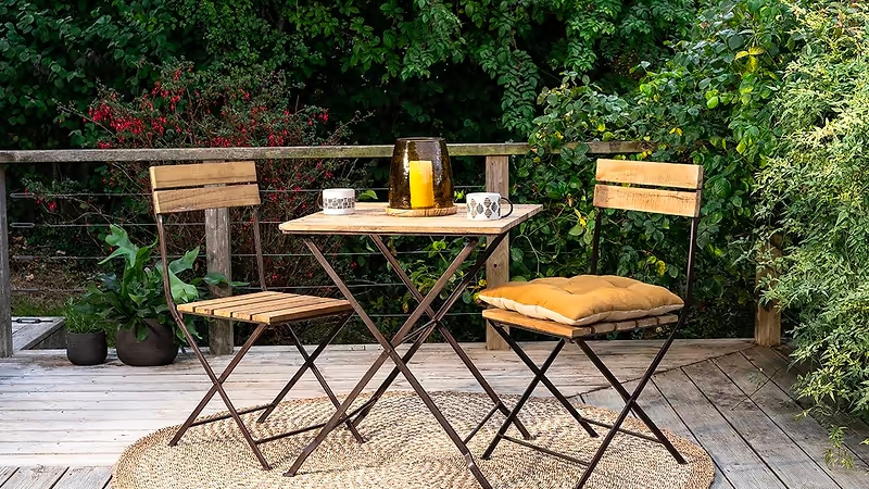 Bistro Set: Folding Slatted Wood Design Rustic Garden (56 chars)