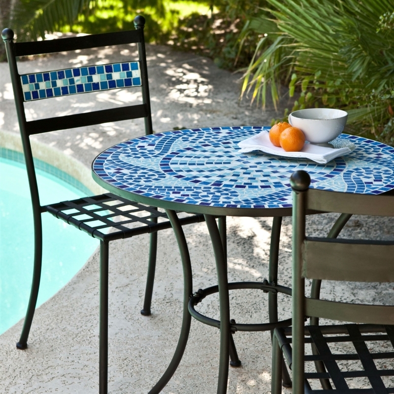 Bistro Set Mediterranean Blue Mosaic Pattern Woven Strap Seats