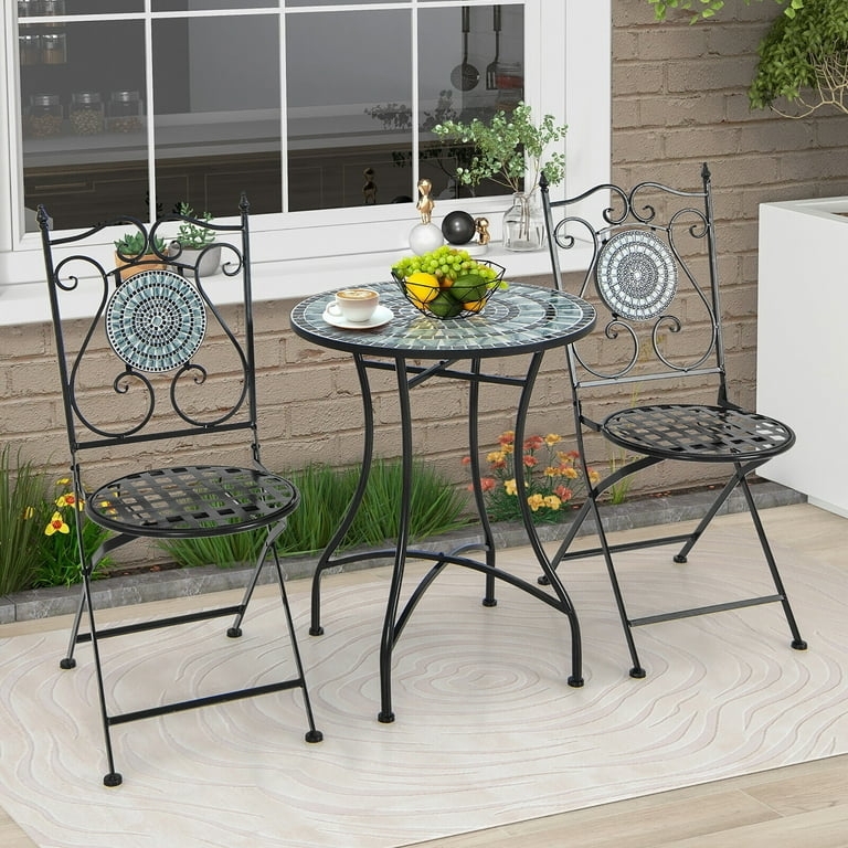 Bistro Set Mosaic Tabletop Folding Chairs Scrollwork Accents