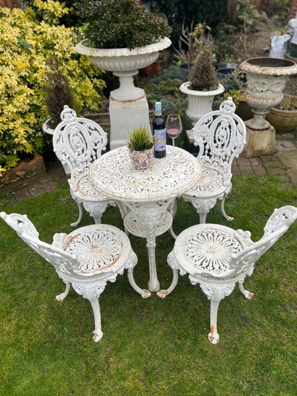 Bistro Set Weathered White Cast Iron Ornate Crown Back Openwork Table