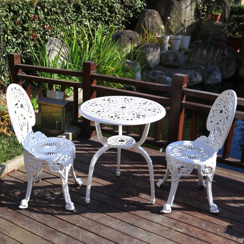 Bistro Set White Filigree Crown Back Cast Metal Victorian Garden