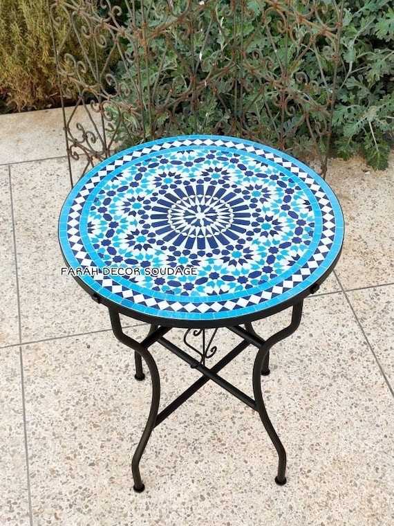 Bistro Table Moroccan Style Blue Mosaic Tile Geometric Star Pattern