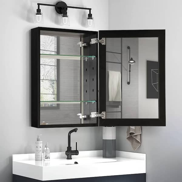Black Aluminum Medicine Cabinet Mirrored Interior Adjustable Shelves