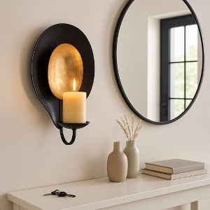 Black and Gold Candle Holder Circular Frame Textured Gold Leaf