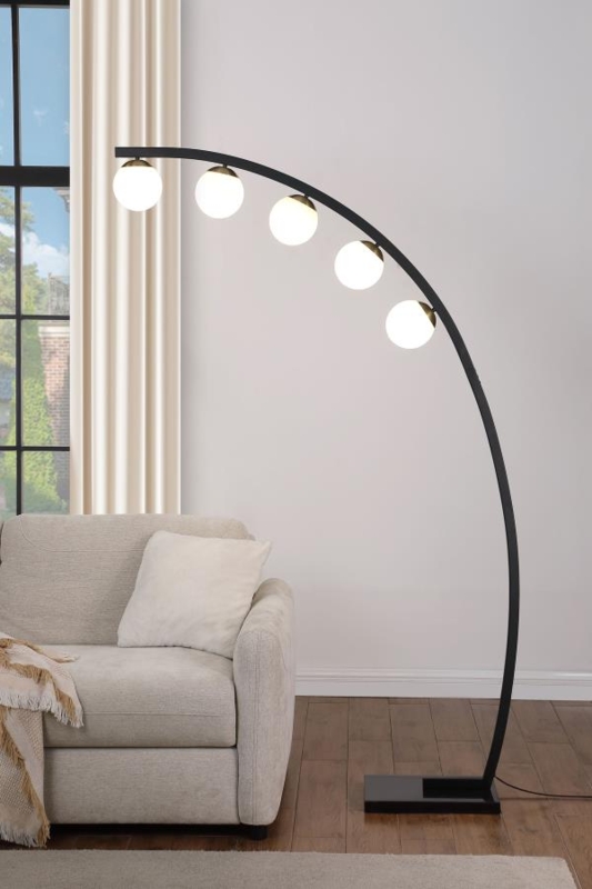 Black Arc Floor Lamp with Frosted Spheres and Brass Accents