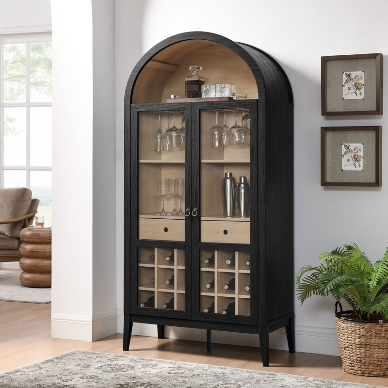 Black Arched Bar Cabinet with Glass Doors & Wine Rack