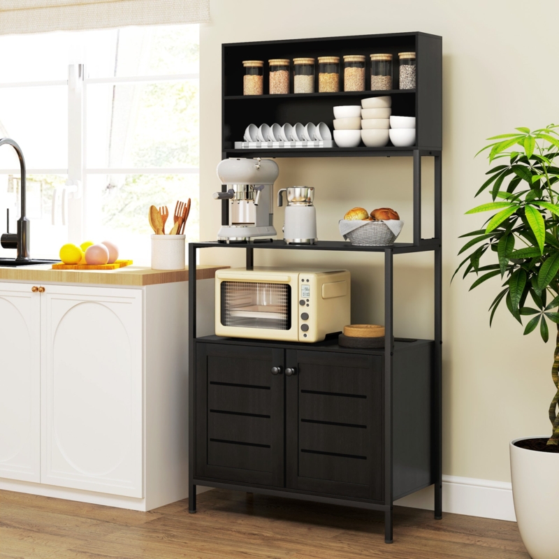 Black Bakers Rack with Louvred Cabinet Doors and Hutch Top