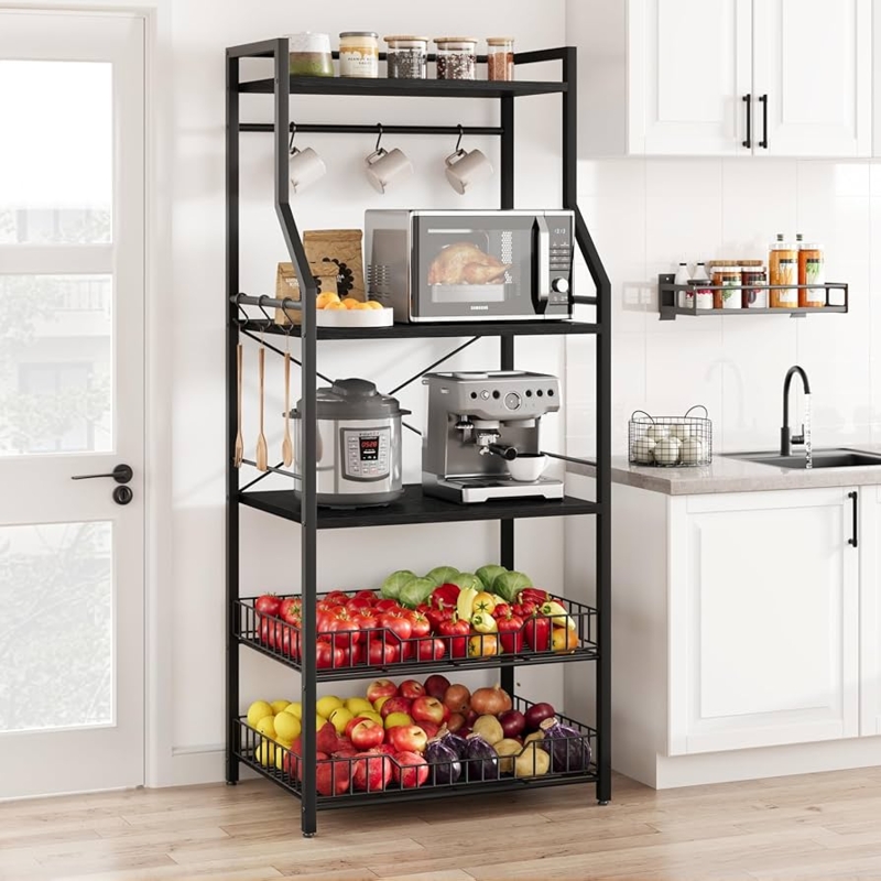 Black Bakers Rack with Wire Produce Baskets, 5-Tier Pantry Shelf