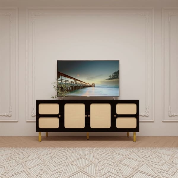 Black Cane TV Stand: Modern Bohemian, Gold Tapered Legs, Four Doors.