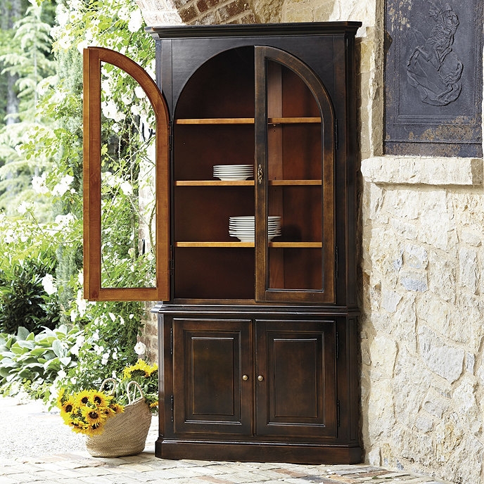 Black Corner China Cabinet with Arched Glass Doors and Distressed Finish