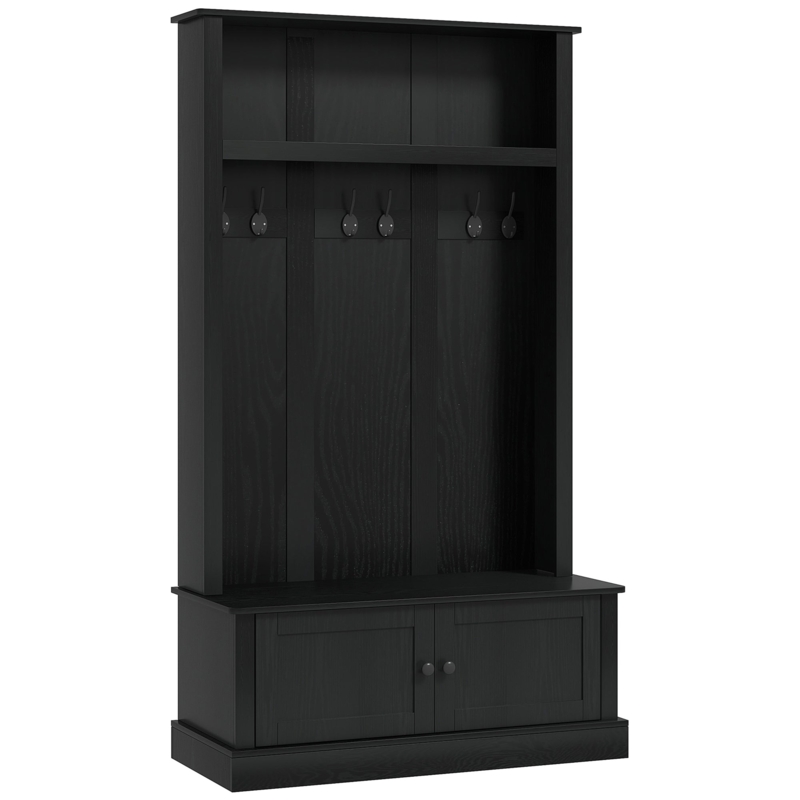 Black Entryway Bench with Coat Rack, Six Double Hooks, and Storage
