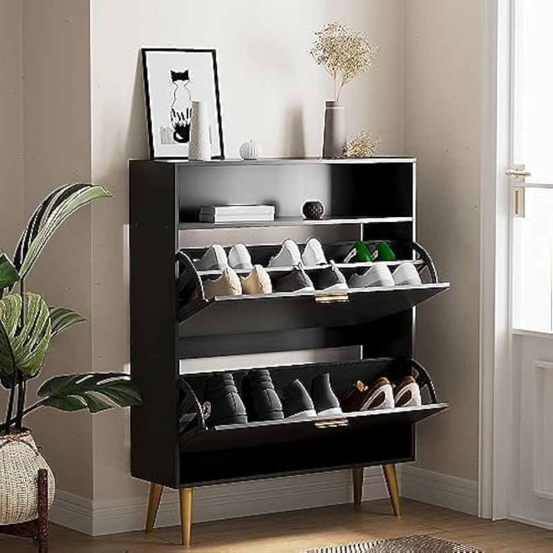 Black Flip Down Shoe Cabinet Slim Profile Gold Tapered Legs