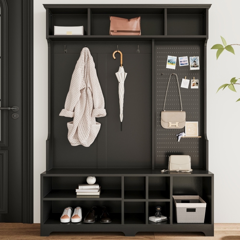 Black Hall Tree Bench featuring an Integrated Pegboard Organizer