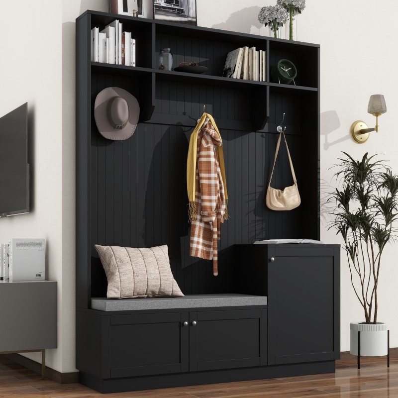 Black Hall Tree with Padded Bench Cushion and Beadboard Backing