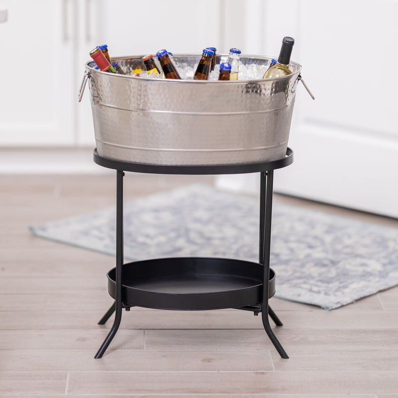 Black Iron Beverage Stand Hammered Silver Tub Flared Legs