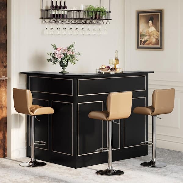 Black L-Shaped Corner Bar Cabinet with Gold Accent Panel Molding