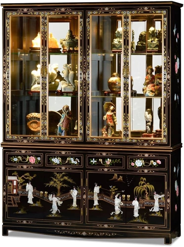 Black Lacquer China Cabinet Mother of Pearl Maidens